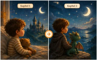 Junge mit Teddy schaut zwei Kapitel-Szenen einer Gute-Nacht-Geschichte
