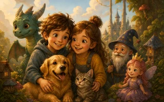 Kinder umringt von Drache, Hund, Katze, Magier und Fee in einer Märchenwelt