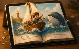 Aufgeschlagenes Buch mit lebendiger Szene, Junge im Boot mit einem Wal