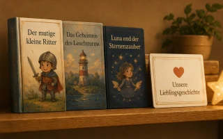 Drei Kinderbücher mit Bookmark "Unsere Lieblingsgeschichte" auf einem Regal