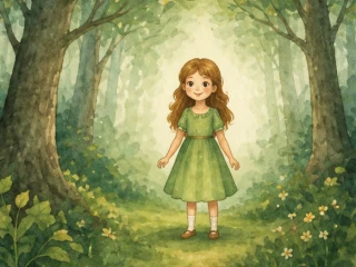 Mädchen im grünen Kleid steht in einem leuchtenden Zauberwald