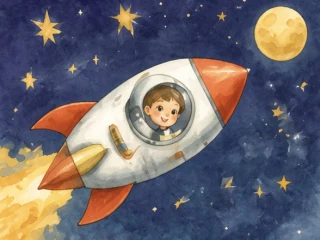 Junge im Astronautenanzug fliegt mit Rakete durch den Sternenhimmel