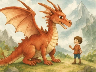 Junge begegnet einem freundlichen roten Drachen vor Berglandschaft